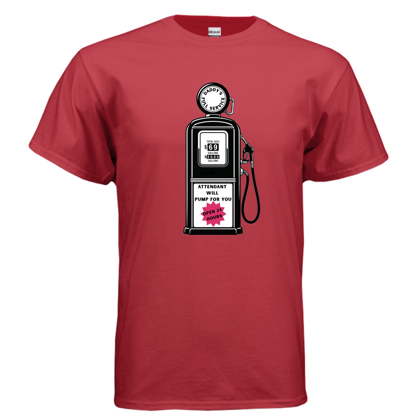 Daddy's Full Service vintage gas station graphic on red unisex heavy cotton tee, front view — Daddy Threads