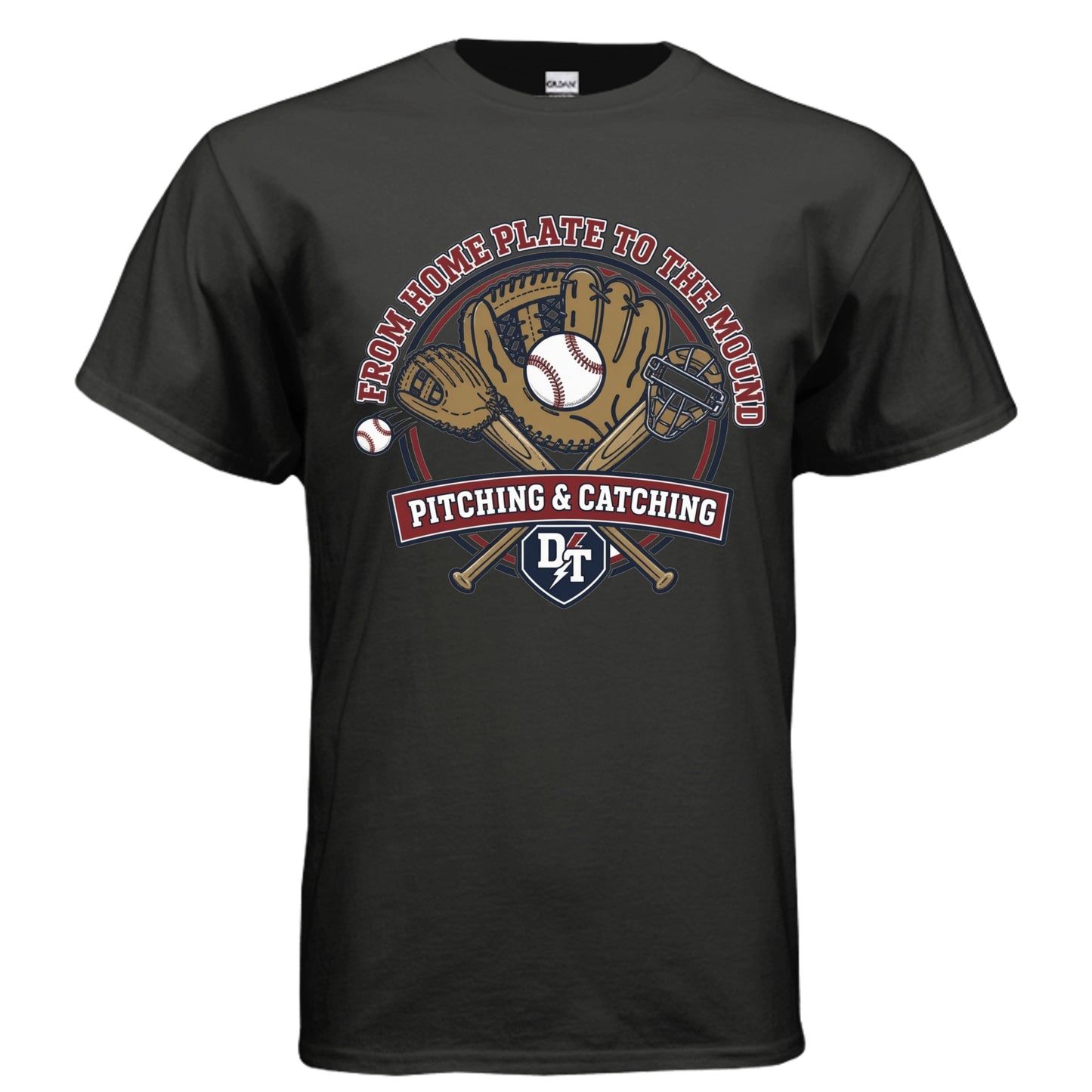 Pitching and Catching vintage baseball graphic on black unisex heavy cotton tee, front view — Daddy Threads