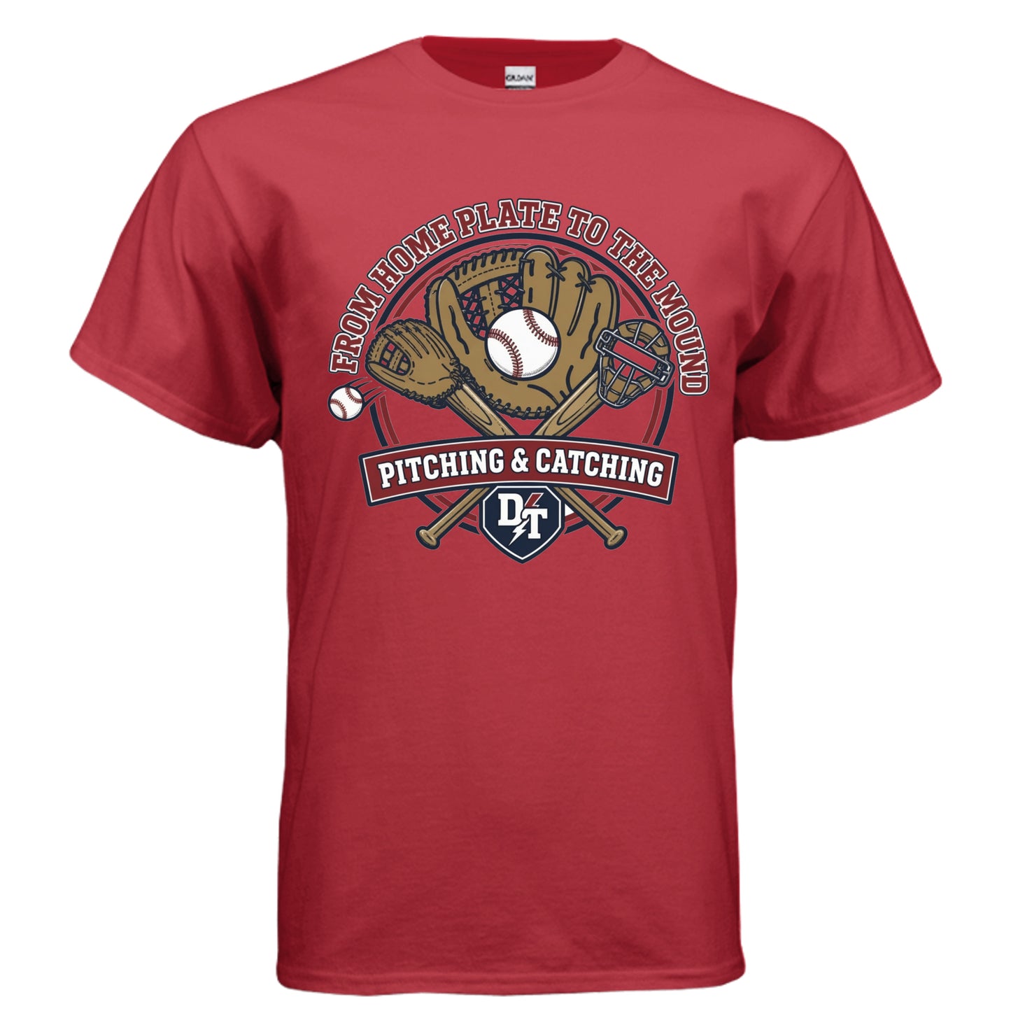 Pitching and Catching vintage baseball graphic on red unisex heavy cotton tee, front view — Daddy Threads