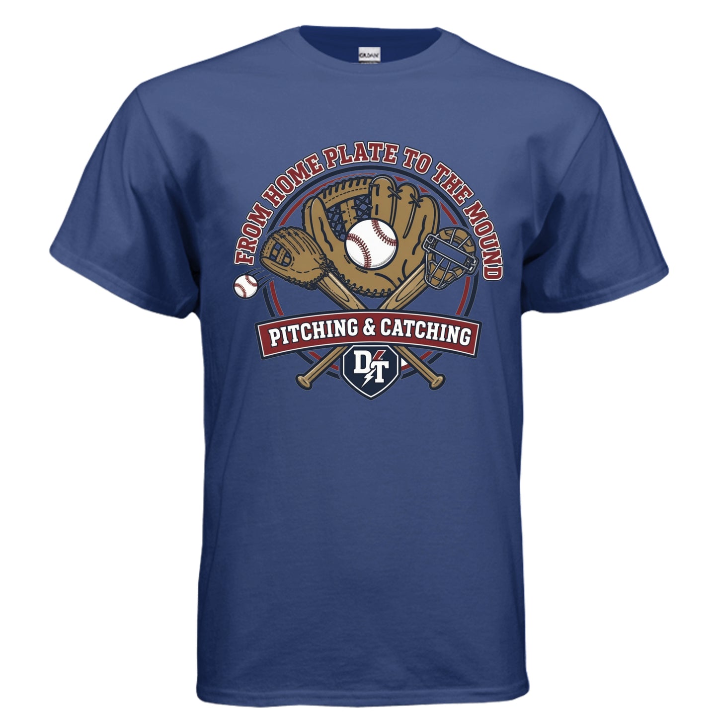 Pitching and Catching vintage baseball graphic on fan deep royal unisex heavy cotton tee, front view — Daddy Threads