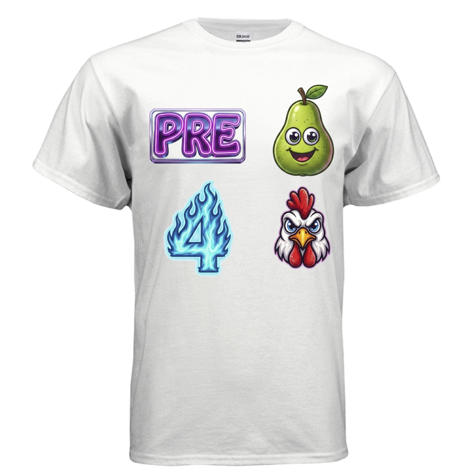 Pre-Pear 4 Rooster pun rebus graphic on white unisex heavy cotton tee — Daddy Threads