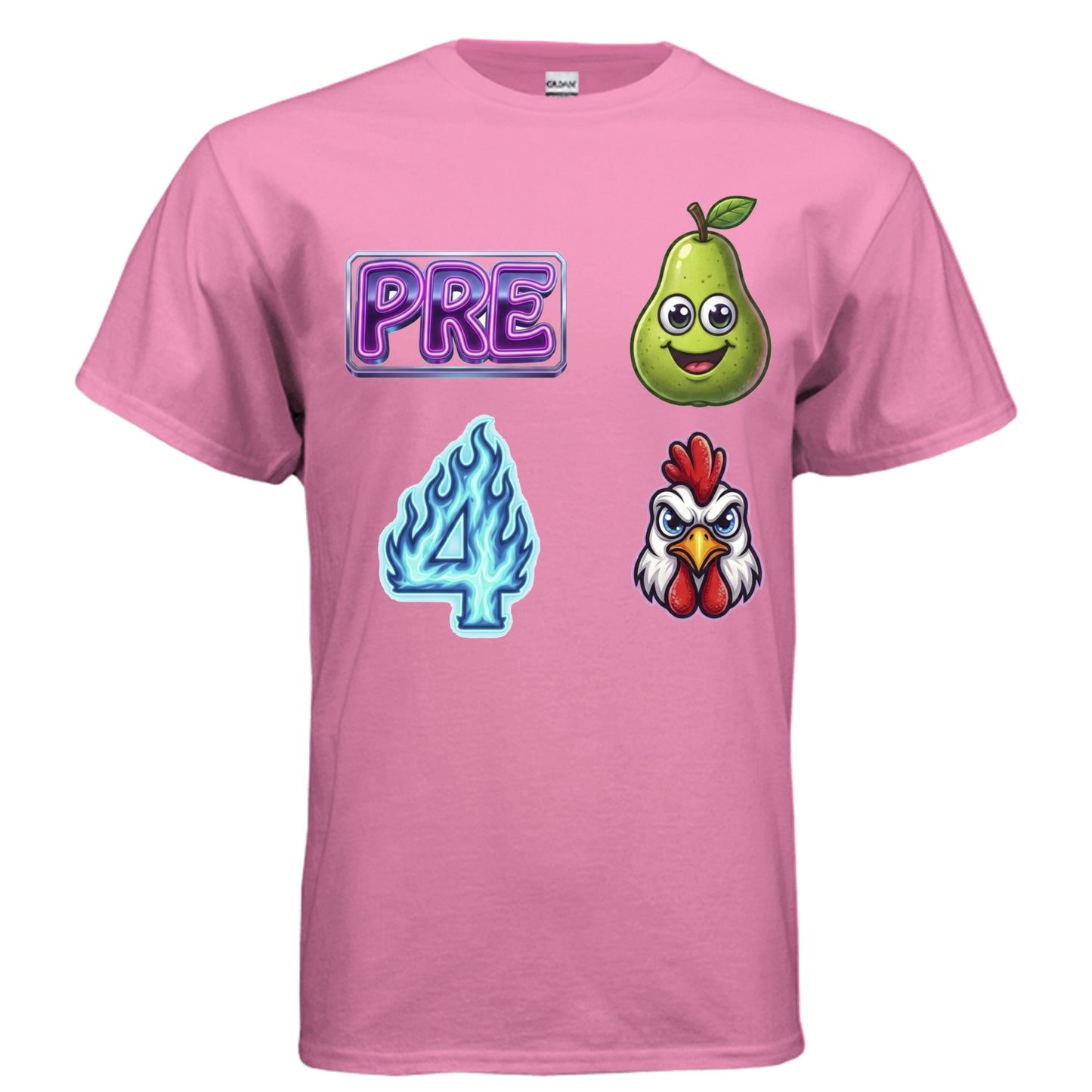 Pre-Pear 4 Rooster pun rebus graphic on azalea unisex heavy cotton tee, front view — Daddy Threads