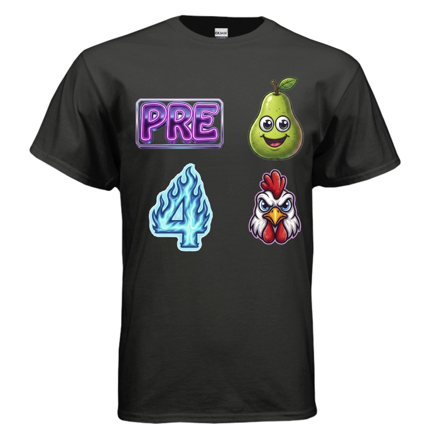 Pre-Pear 4 Rooster pun rebus graphic on black unisex heavy cotton tee, front view — Daddy Threads