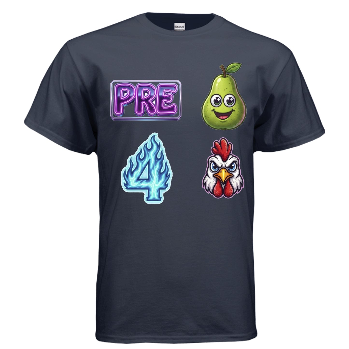 Pre-Pear 4 Rooster pun rebus graphic on navy unisex heavy cotton tee, front view — Daddy Threads