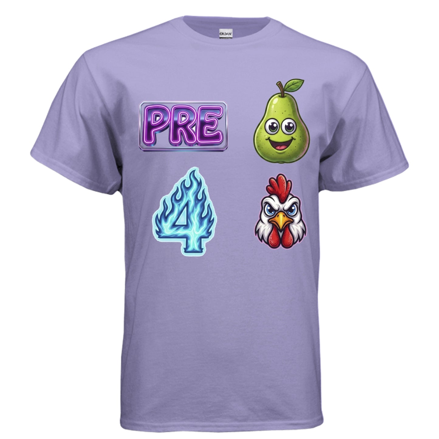 Pre-Pear 4 Rooster pun rebus graphic on violet unisex heavy cotton tee, front view — Daddy Threads