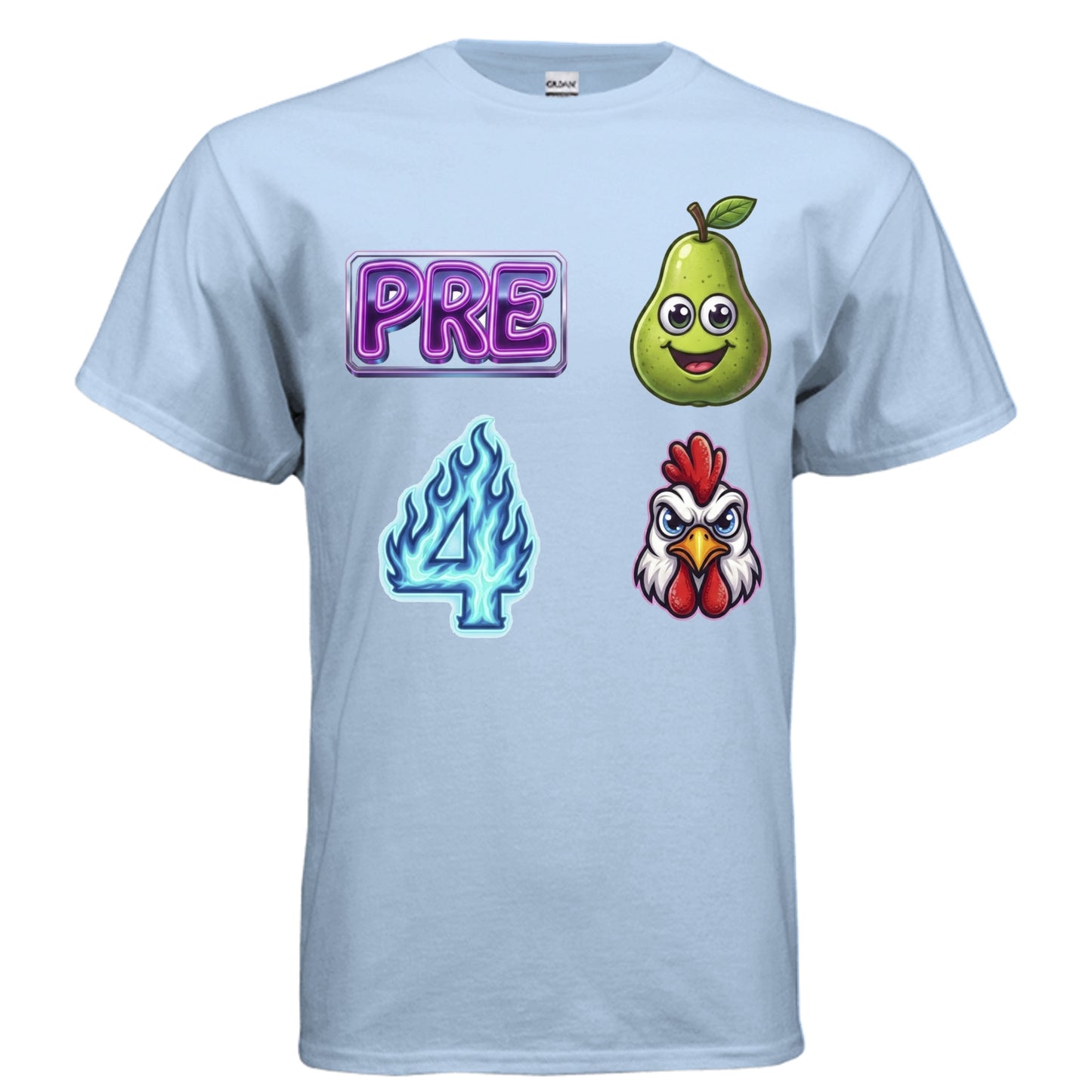 Pre-Pear 4 Rooster pun rebus graphic on light blue unisex heavy cotton tee, front view — Daddy Threads