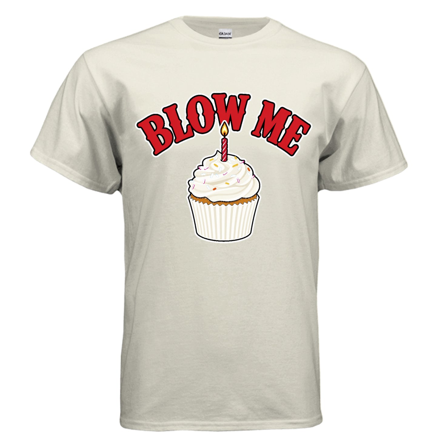 Blow Me birthday cupcake graphic on natural unisex heavy cotton tee, front view — Daddy Threads