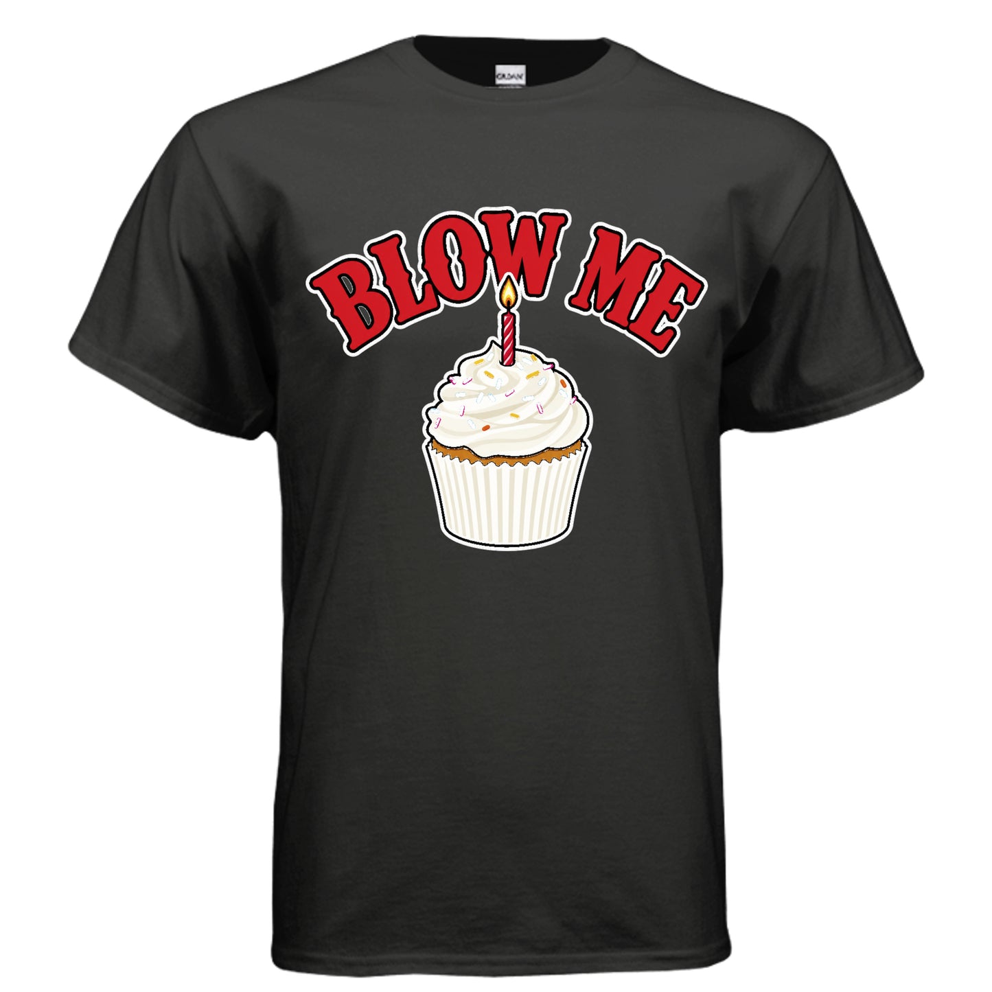 Blow Me birthday cupcake graphic on black unisex heavy cotton tee, front view — Daddy Threads