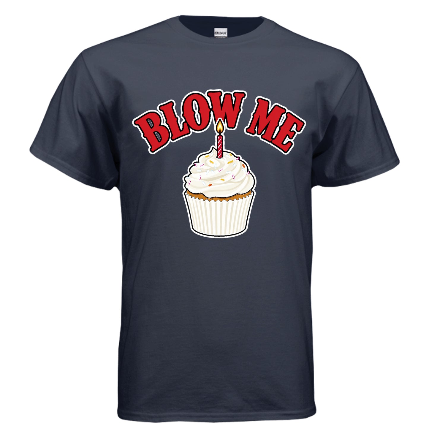 Blow Me birthday cupcake graphic on navy unisex heavy cotton tee, front view — Daddy Threads