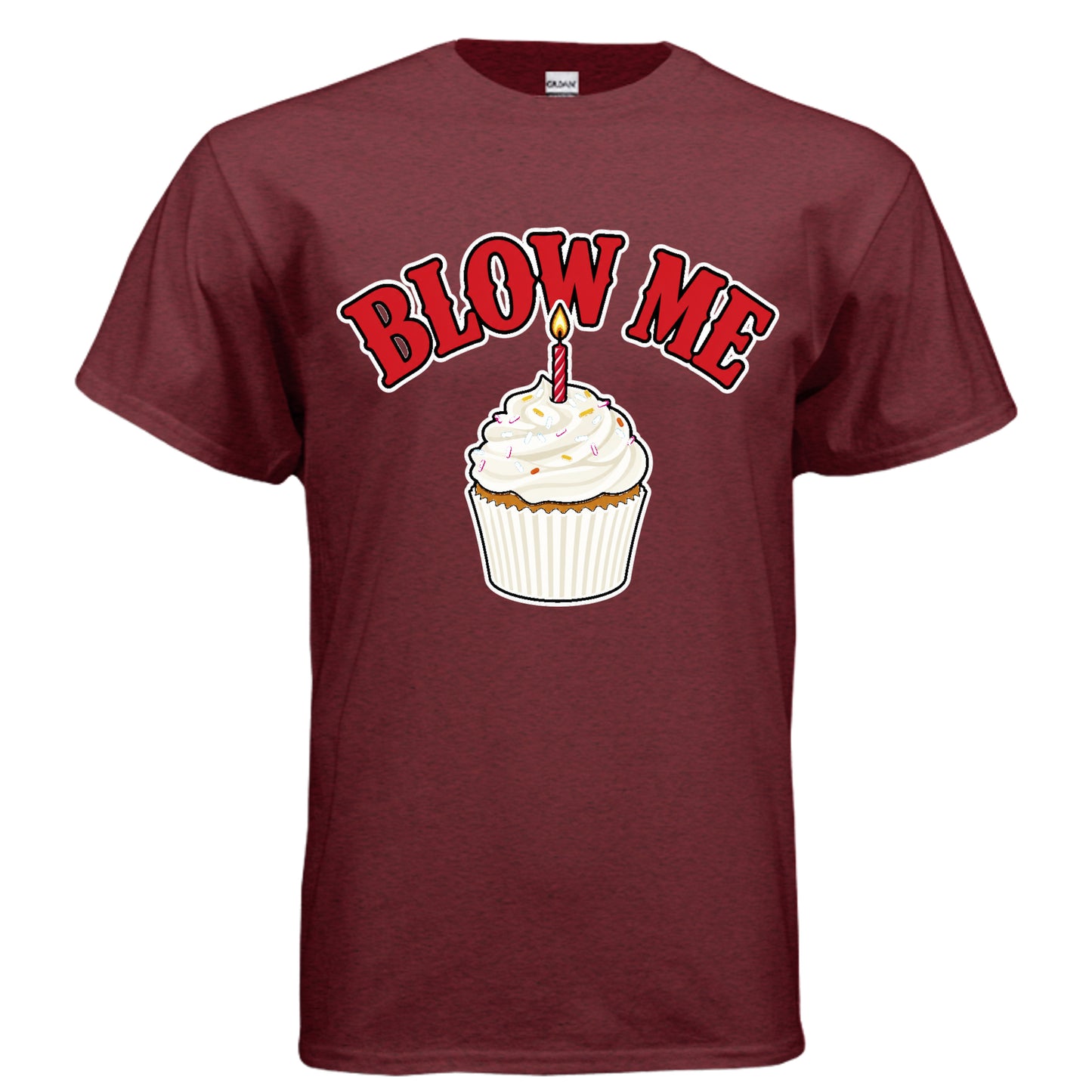 Blow Me birthday cupcake graphic on antique cherry red unisex heavy cotton tee, front view — Daddy Threads
