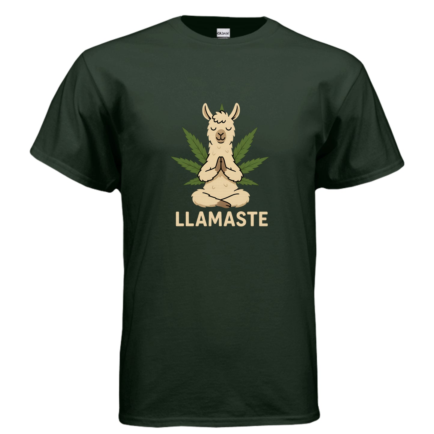 Llamaste yoga llama graphic on forest green unisex heavy cotton tee, front view — Daddy Threads