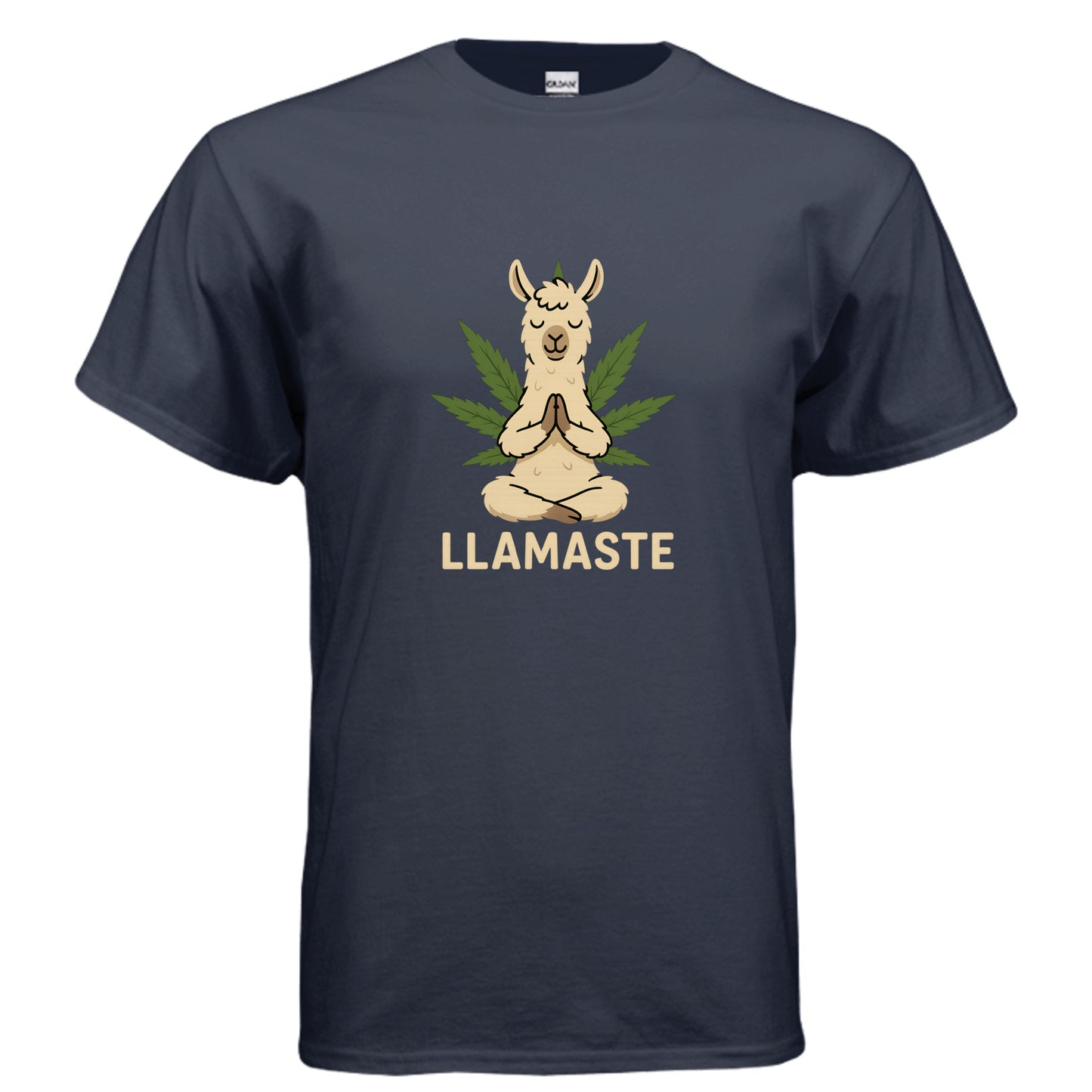 Llamaste yoga llama graphic on navy unisex heavy cotton tee, front view — Daddy Threads