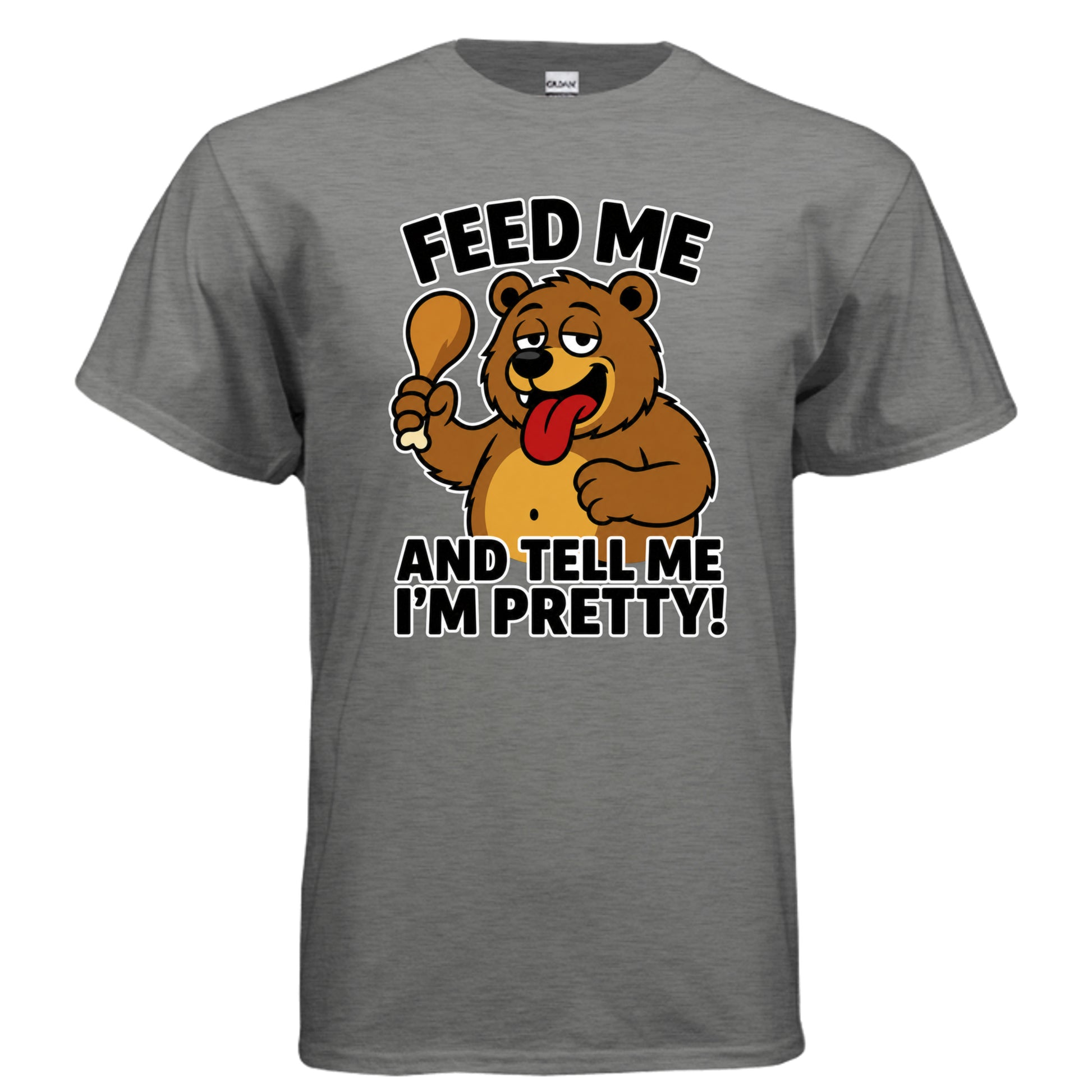 Feed Me and Tell Me I'm Pretty bear graphic on graphite heather unisex heavy cotton tee — Daddy Threads