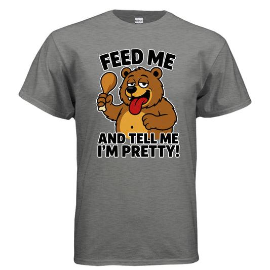Feed Me and Tell Me I'm Pretty bear graphic on graphite heather unisex heavy cotton tee — Daddy Threads