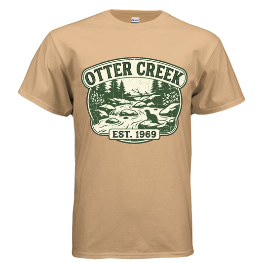 Otter Creek vintage badge graphic on old gold unisex heavy cotton tee — Daddy Threads