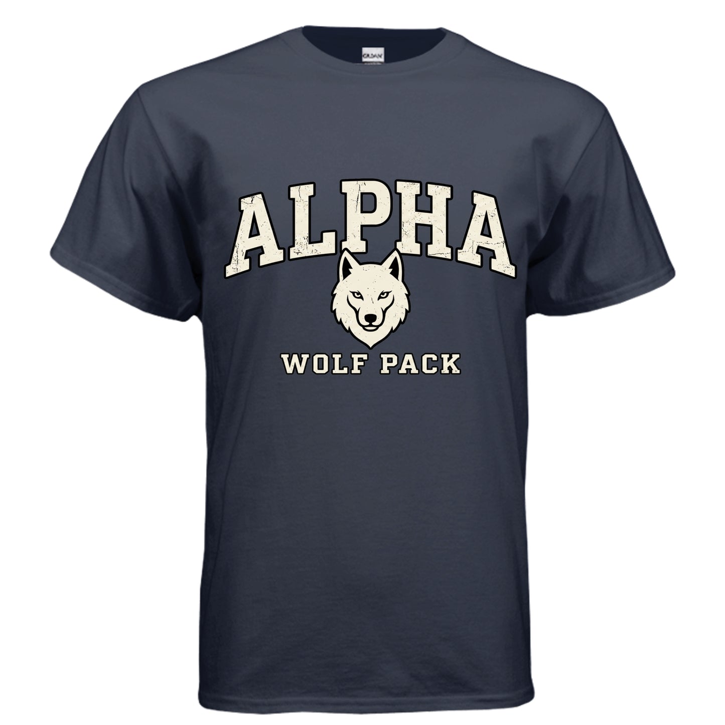 Alpha Wolf Pack vintage varsity graphic on navy unisex heavy cotton tee — Daddy Threads