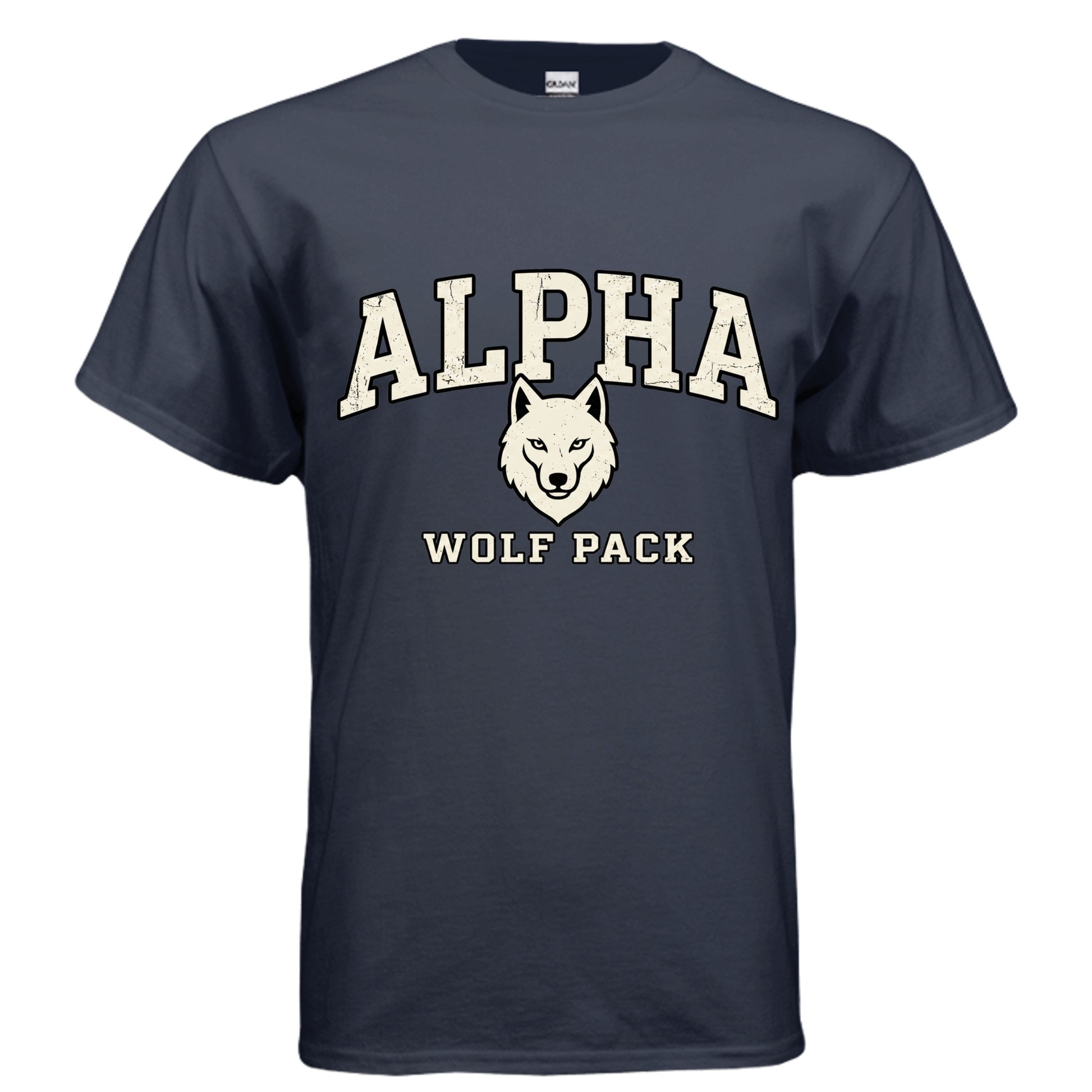 Alpha Wolf Pack vintage varsity graphic on navy unisex heavy cotton tee — Daddy Threads