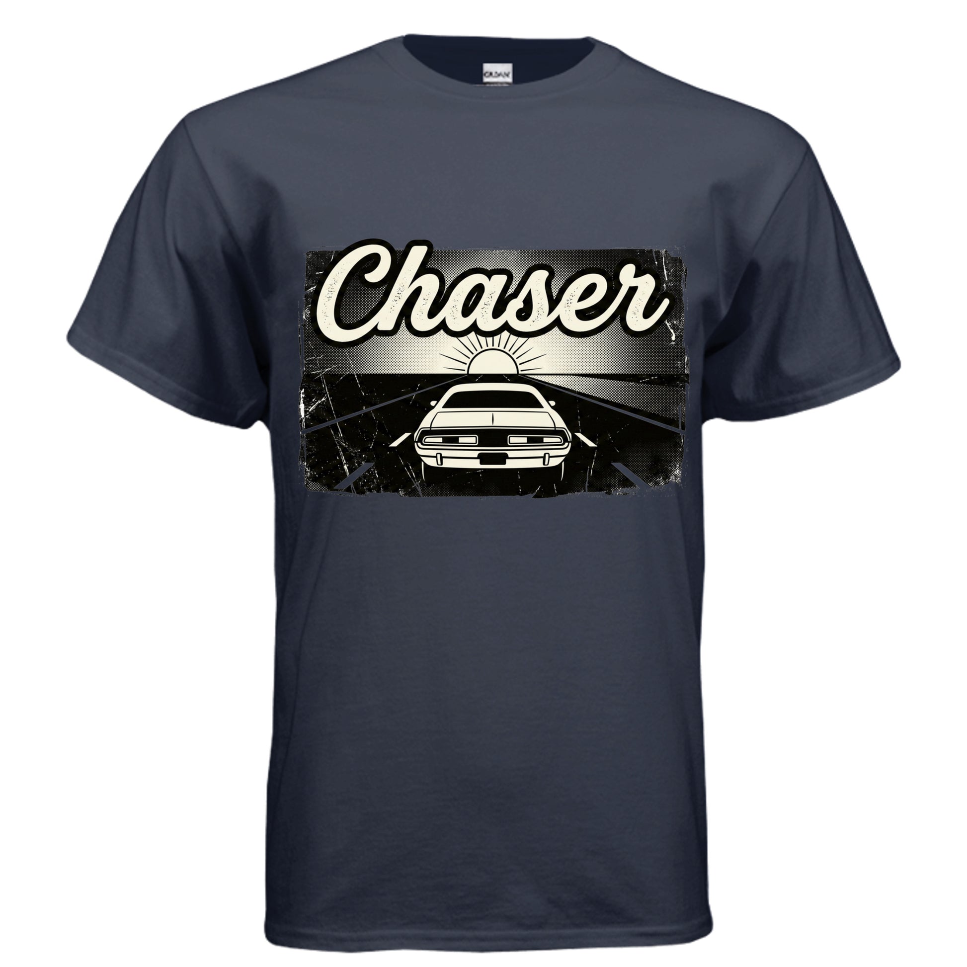 Chaser vintage muscle car graphic on navy unisex heavy cotton tee — Daddy Threads