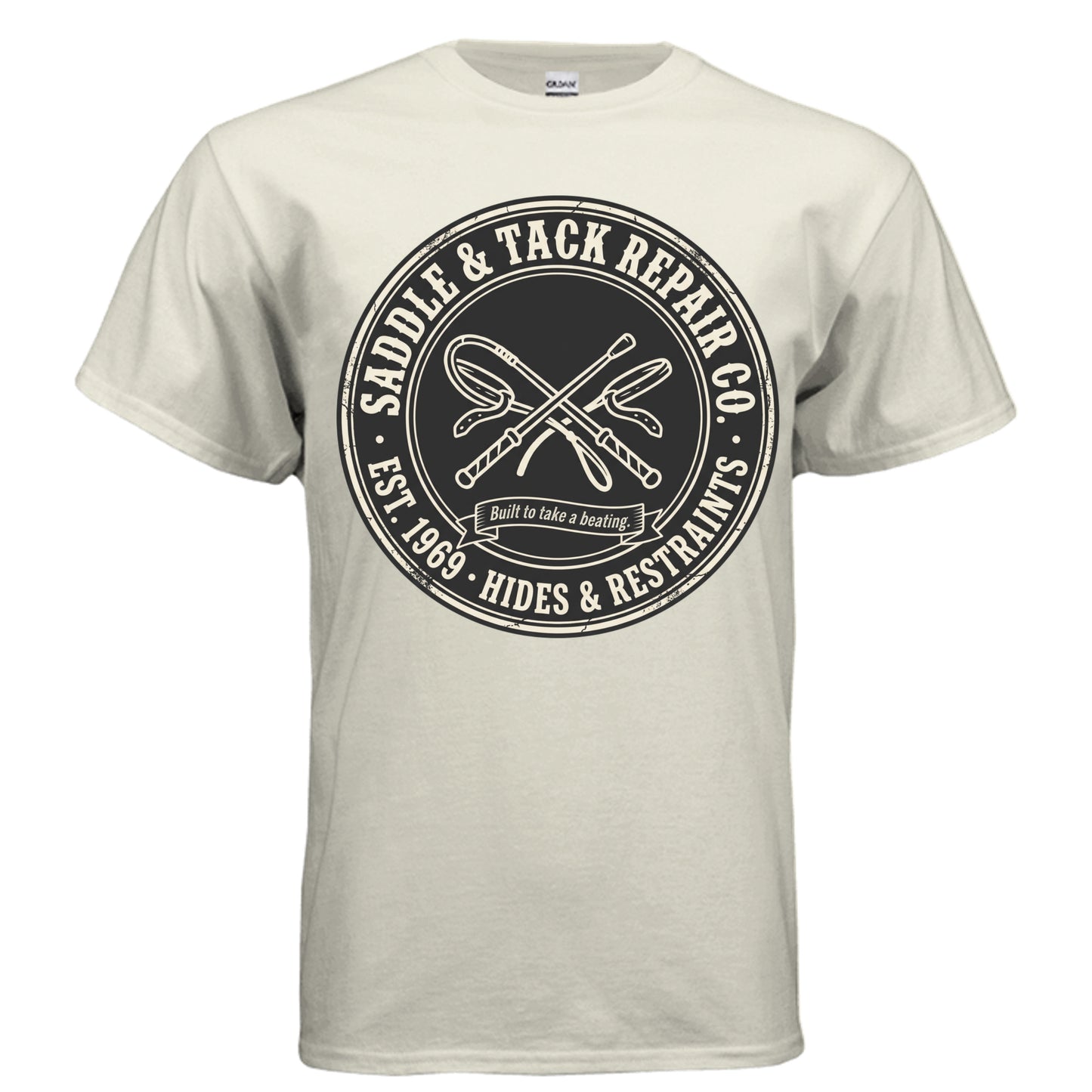 Saddle & Tack Repair Co. leather pride graphic on natural unisex heavy cotton tee — Daddy Threads