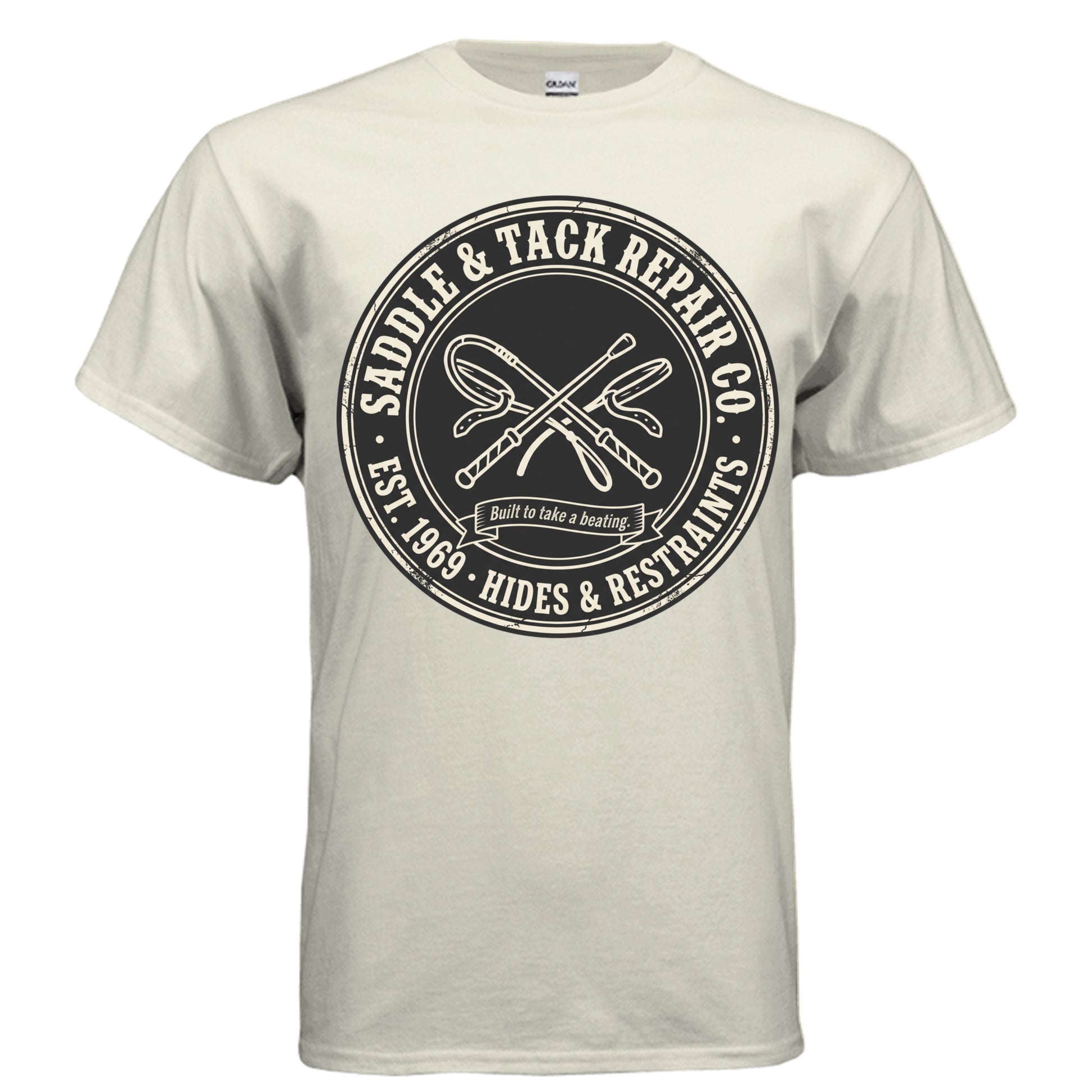 Saddle & Tack Repair Co. leather pride graphic on natural unisex heavy cotton tee — Daddy Threads