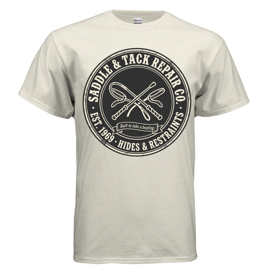 Saddle & Tack Repair Co. leather pride graphic on natural unisex heavy cotton tee — Daddy Threads