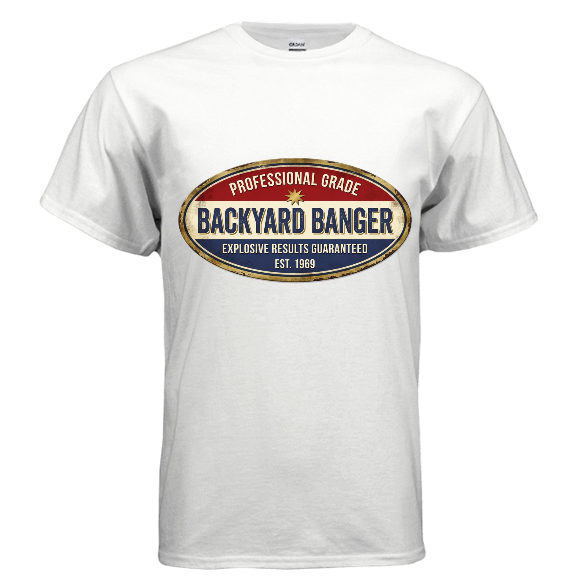 Backyard Banger vintage firework label graphic on white unisex heavy cotton tee — Daddy Threads