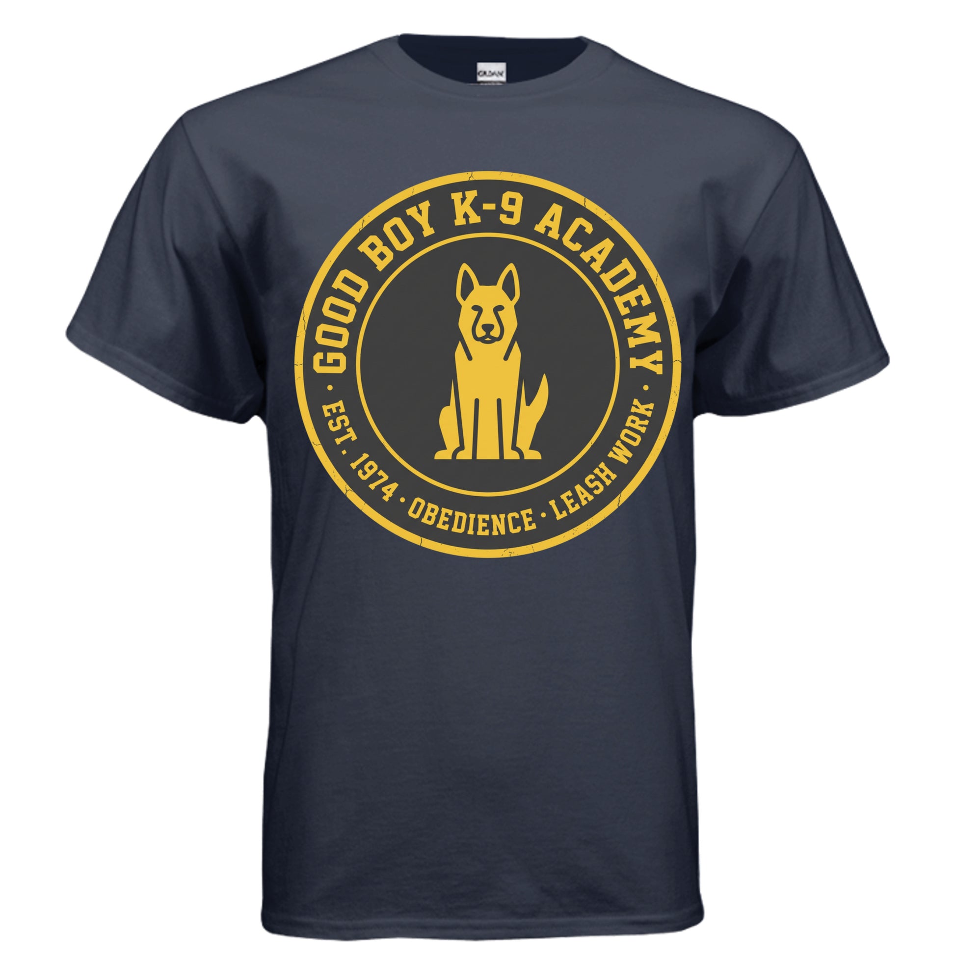 Down Boy retro K9 training badge graphic on navy unisex heavy cotton tee — Daddy Threads