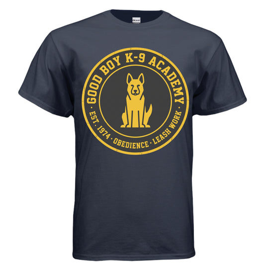 Down Boy retro K9 training badge graphic on navy unisex heavy cotton tee — Daddy Threads